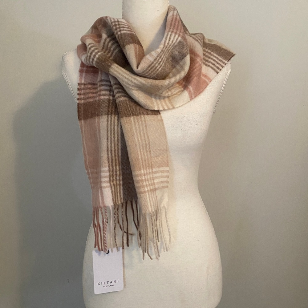 Kiltane of Scotland Scarf Pink Brown Cream Plaid 100% Pure Cashmere Quiet Lux